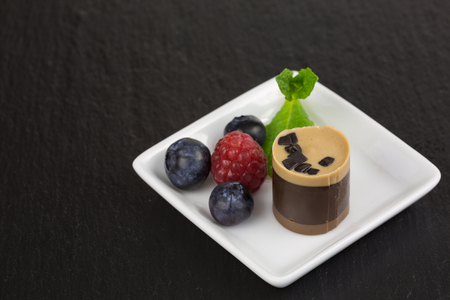 chocolate dessert with raspberry and blueberries decorated with a sprig of mintの写真素材
