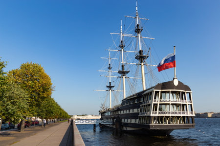 Old ship on a Neva river in Saint Petersburg. Russia.のeditorial素材