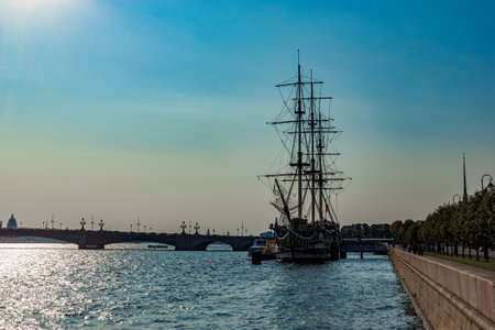 Old ship on a Neva river in Saint Petersburg. Russia.のeditorial素材