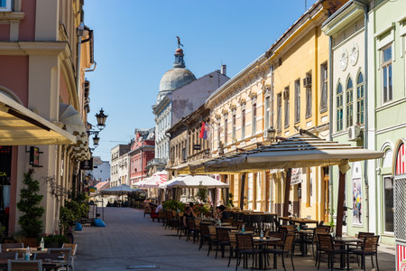 NOVI SAD, SERBIA, August 8, 2021 - Empty outdoor cafes due to the Covid-19 pandemic.のeditorial素材