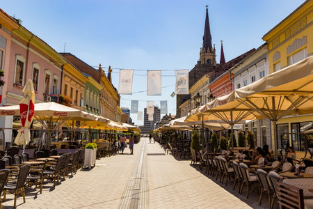 NOVI SAD, SERBIA, August 8, 2021 - Empty outdoor cafes due to the Covid-19 pandemic.のeditorial素材