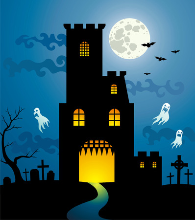 Terrific castle near the old cemetery in the moonlightのイラスト素材