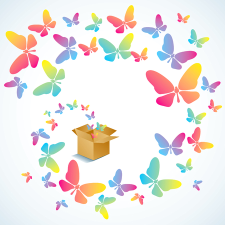 Open cardboard box with colorful butterflies flying Open cardboard box with colorful butterflies flying