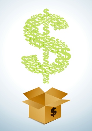 Illustration of a cardboard box with dollarsのイラスト素材