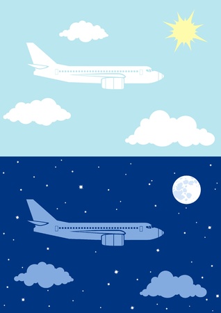 Two illustrations airplane flying in the skyのイラスト素材