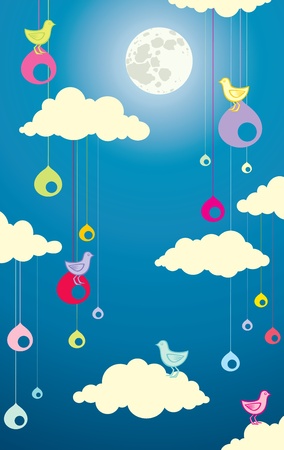 Illustration of birds in the clouds at night under the moonのイラスト素材