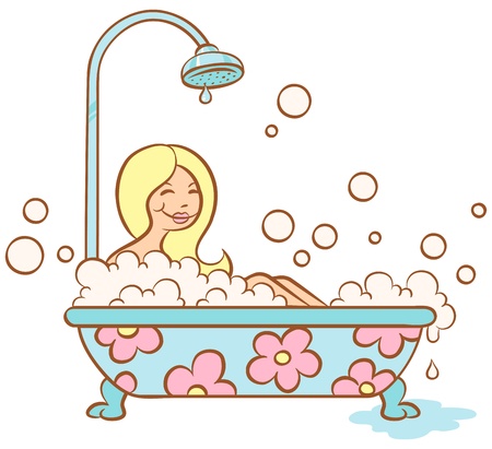 Illustration of a girl lying in bubble bathのイラスト素材