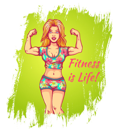 Vector illustration of a fitness girl on green backgroundのイラスト素材