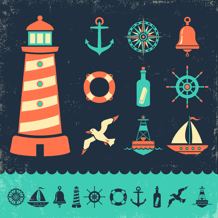 Vector set vintage marine icons on old backgroundのイラスト素材