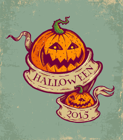 Vintage postcard with pumpkins and old ribbon for halloweenのイラスト素材