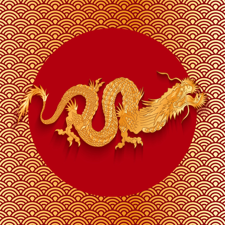 Vector illustration of a dragon on golden backgroundのイラスト素材
