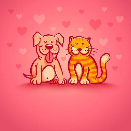 Cute vector illustration of cat and dog for Valentine day. Pets on pink background with hearts.のイラスト素材