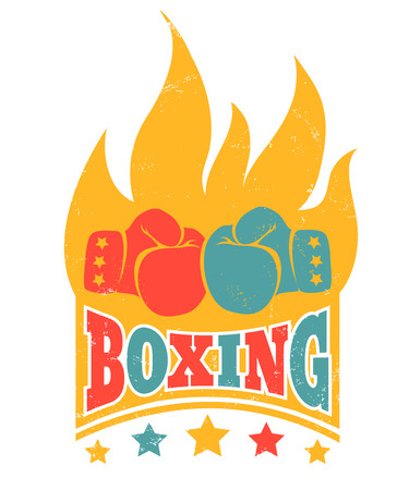 Colored poster for boxing with gloves and fire. Vintage logo for boxing.のイラスト素材