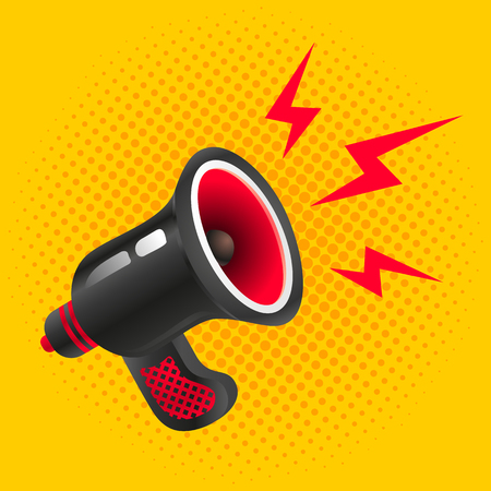 Vector vintage poster with megaphone on halftone background. Black megaphone on yellow background.のイラスト素材