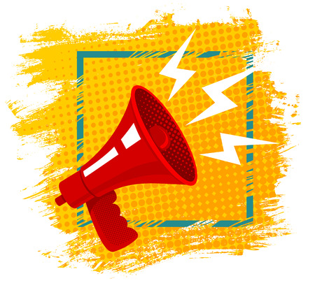 Vector vintage poster with red megaphone on halftone background. Red retro megaphone.のイラスト素材