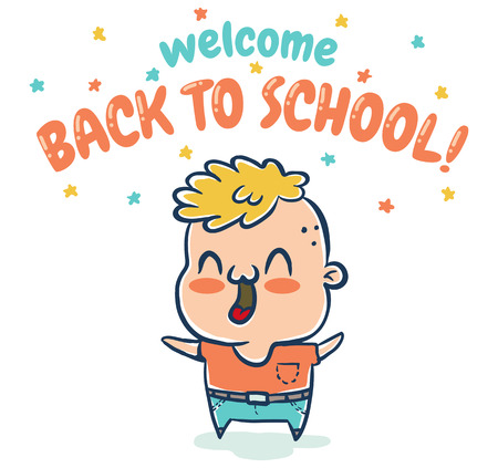 Vector illustration Back to school with funny boy. Welcome back to school!のイラスト素材