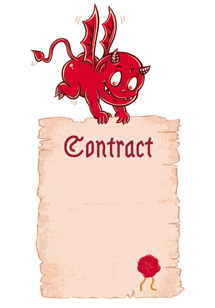 Vector cute devil kid with old paper. Vector Devil's contract.のイラスト素材