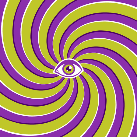 Vector color hypnotic retro poster with green eye. Vintage vector optical illusion with eye.のイラスト素材