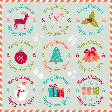 Vector set vintage icons for Christmas and New year. Vintage Christmas emblems 2018.のイラスト素材
