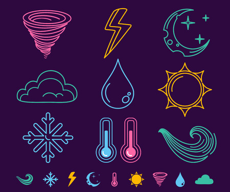 Vector set neon weather icons. Vector flat icons weather symbols on dark background.のイラスト素材
