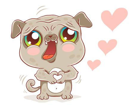 Vector illustration of a cute pug in kawaii style. Cute dog with heartsのイラスト素材