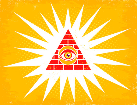 Vector vintage illustration of a pyramid with eye. Pyramid with eye on halftone background.