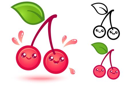 Vector set icons cherry. Cute cherry with juicy drops in manga style.のイラスト素材