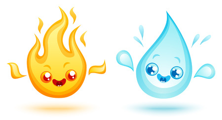 Vector set icons two elements in kawaii style. Nature elements in manga style. Fire and water.のイラスト素材