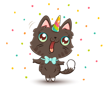 Illustration of a cute cat with unicorn horn with confetti.のイラスト素材