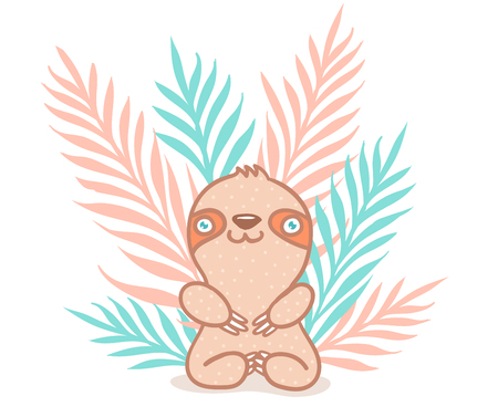 Vector cute sloth and tropical plants.のイラスト素材