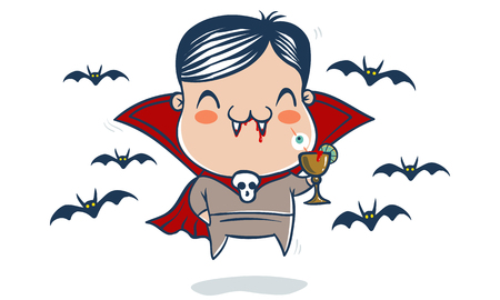 Vector illustration of a vampire in kawaii style. Illustration of a cute kid in Dracula costume.のイラスト素材