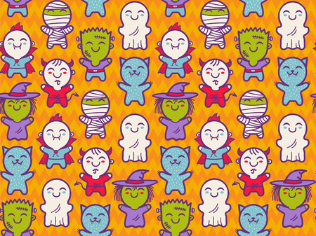 Vector seamless pattern with children in costumes for Halloween. Pattern with cute kids in Halloween monsters costumes.のイラスト素材