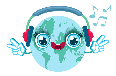 Vector illustration of a Earth with headphones. Cute cartoon Earth hear music in headphonesのイラスト素材