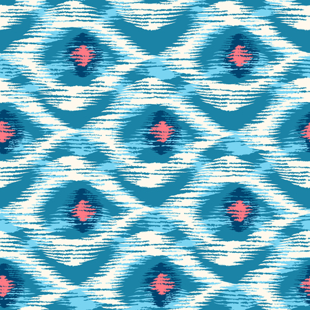 Vintage vector seamless pattern in ikat style. Retro ikat colorful pattern with peacock feathers.のイラスト素材