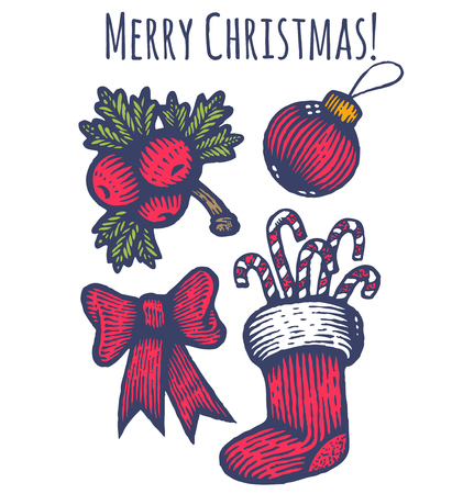 Vintage vector Christmas toys in engraving style. Vintage icons for Christmas and New year.のイラスト素材