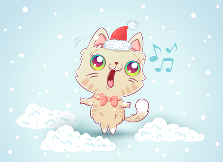 Vector illustration of a cute cat in Christmas hat. Kitty on snow in kawaii styleのイラスト素材