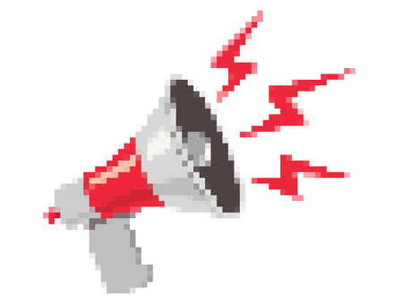 Vector icon of vintage wihte megaphone in pixel style. Vector pixel retro megaphone. Protest.のイラスト素材