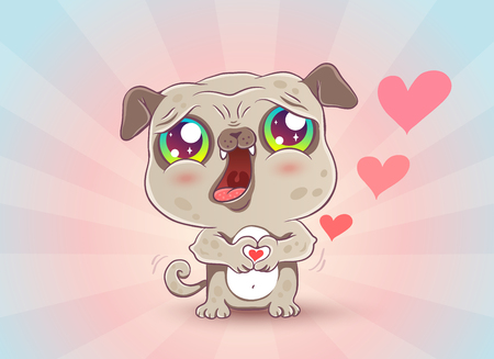 Vector illustration of a cute pug in kawaii style. Cute dog with hearts for Valentine's dayのイラスト素材