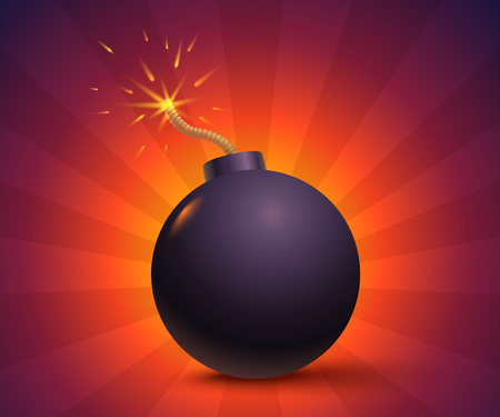 Vector illustration of a bomb with sparks. Black bomb on orange background.のイラスト素材