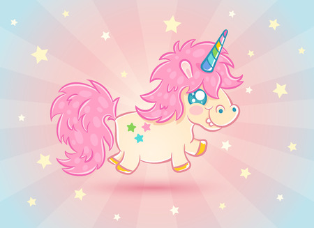 Vector illustration of a cute unicorn with abstract background in kawaii style. Cute unicorn with starsのイラスト素材