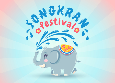 Vector logo for Songkran festival in Thailand with elephant on abstract background in kawaii style. Emblem for Songkran water festival.のイラスト素材