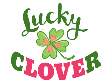 Vector lucky clover with hearts and lettering. Luck and love poster with clover. Four leaf lucky cloverのイラスト素材