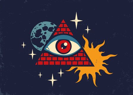 Vector vintage illustration of a pyramid with the eye, the moon, sun and stars. Retro poster with pyramid and eyeのイラスト素材