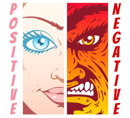 Vector vintage poster good and evil. Angel and devil in comics style.のイラスト素材