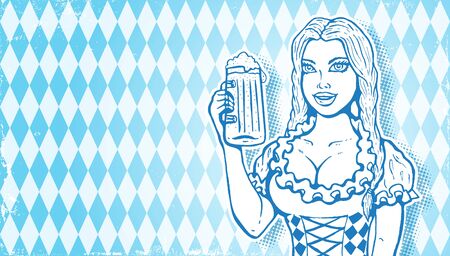 Vector illustration of a girl for Oktoberfest in retro style. Vector girl with beer in vintage style for Oktoberfest festival. Octoberfest girl with beer mug.のイラスト素材