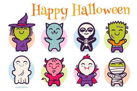 Vector set illustrationn of children in costumes for Halloween. Illustrations with cute kids in Halloween monsters costumes. Halloween monsters.のイラスト素材