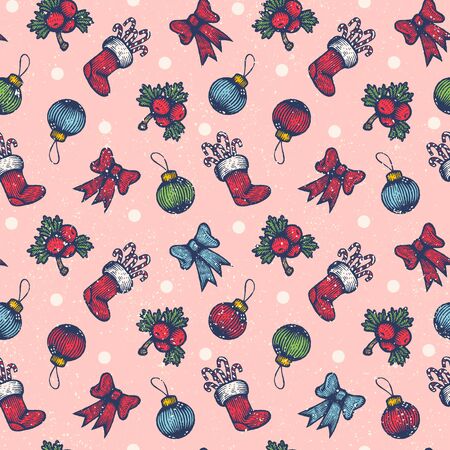 Vector vintage seamless Christmas pattern. Vintage pattern with Christmas symbols for holidays. Christmas texture.のイラスト素材