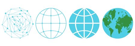 Vector set icons of a globe in different style. Vector blue globe in retro and futuristic styles.のイラスト素材