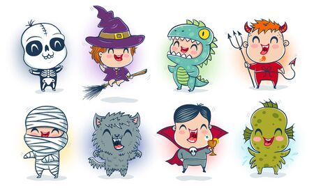 Vector illustration of children with costumes for Halloween. Illustration of a cute kids in monsters costumes. Halloween monstersのイラスト素材
