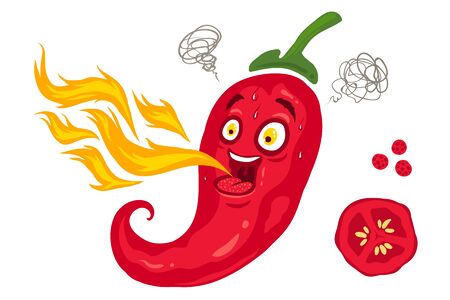 Vector illustration of a spicy chili pepper with flame. Cartoon red chili for mexican food.のイラスト素材